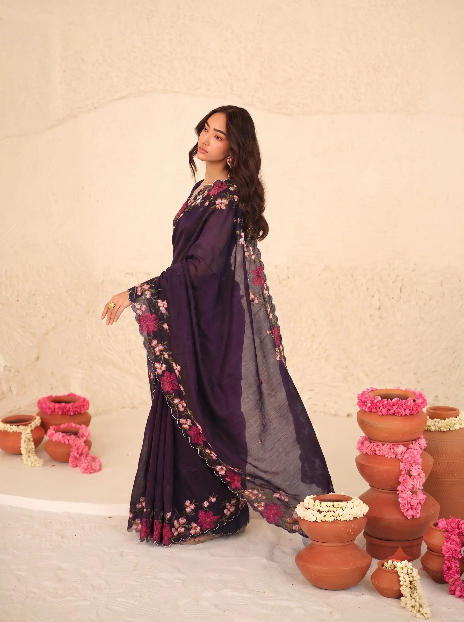 Purple Floral Embroidered Silk Saree Scallop Border - Drape View - Kalyanja KS163